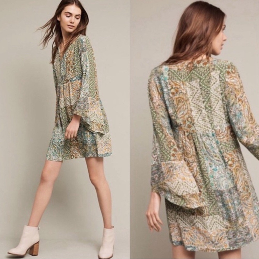Anthropologie Floreat Amelie Paisley 100%‎ Silk Bell Kimono Sleeve Dress Size 8 - Picture 2 of 7